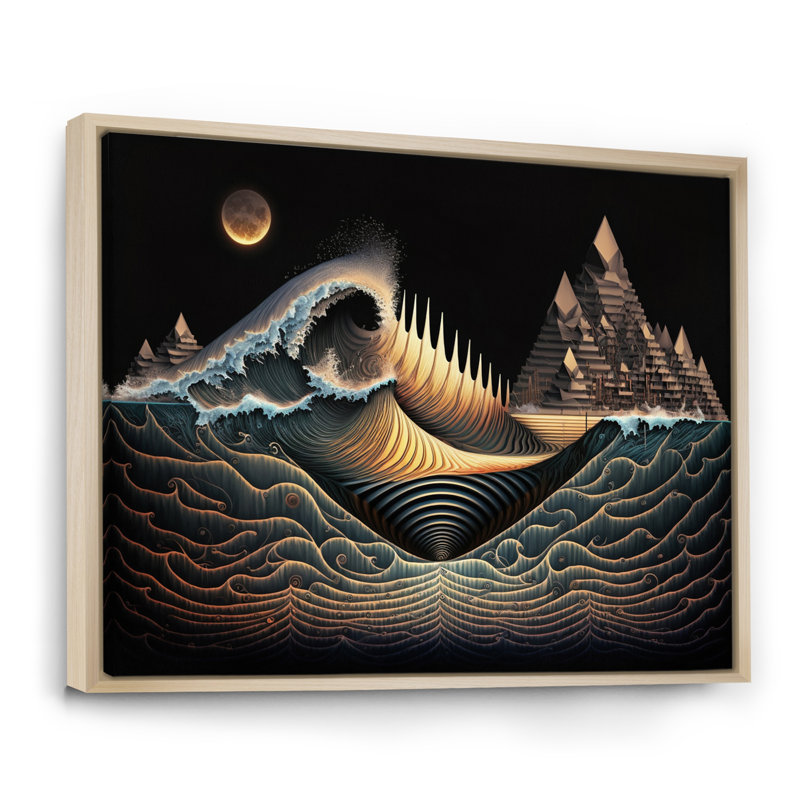 Paysage marin abstrait de vagues sonores en bleu rétro sur toile, 30" H x 40" W, Cadre naturel flottant
