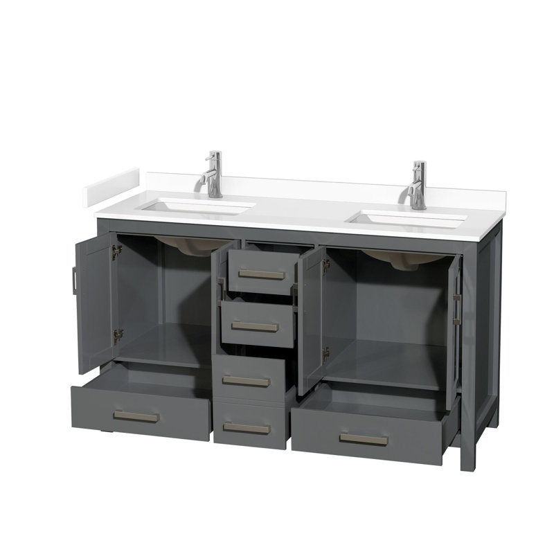Meuble-lavabo double autoportant 60 po avec plateau en marbre Sheffield, Marbre de culture blanc, Gris foncé