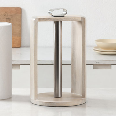 Porte-serviettes en bois en bois avec espace de chargement supérieur pour la décoration de la cuisine et de la table, base antidérapante, bois de manguier écologique et tige en métal - blanc délavé / nickel