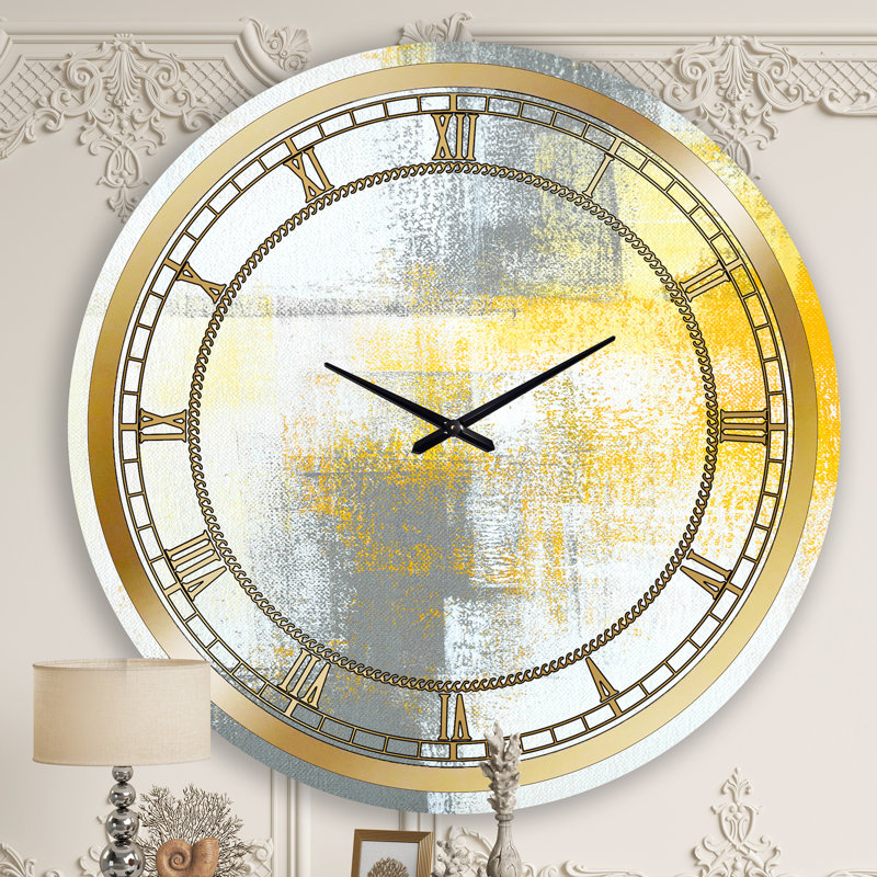 Gris et jaune bleu abstrait X - horloge murale moderne, Grand