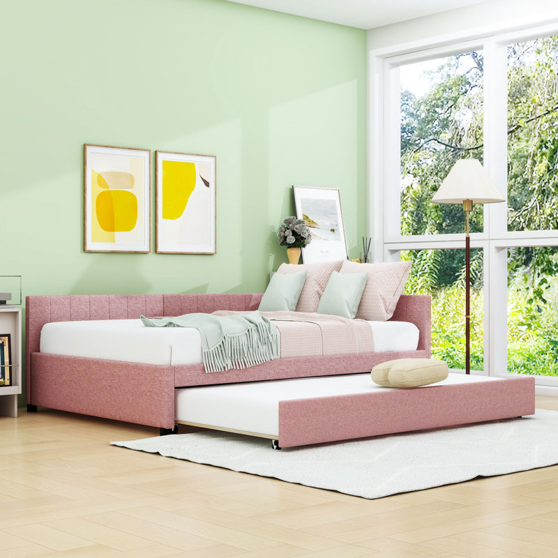 Linen Upholstered Daybed with Twin Trundle, Full/Double, Pink