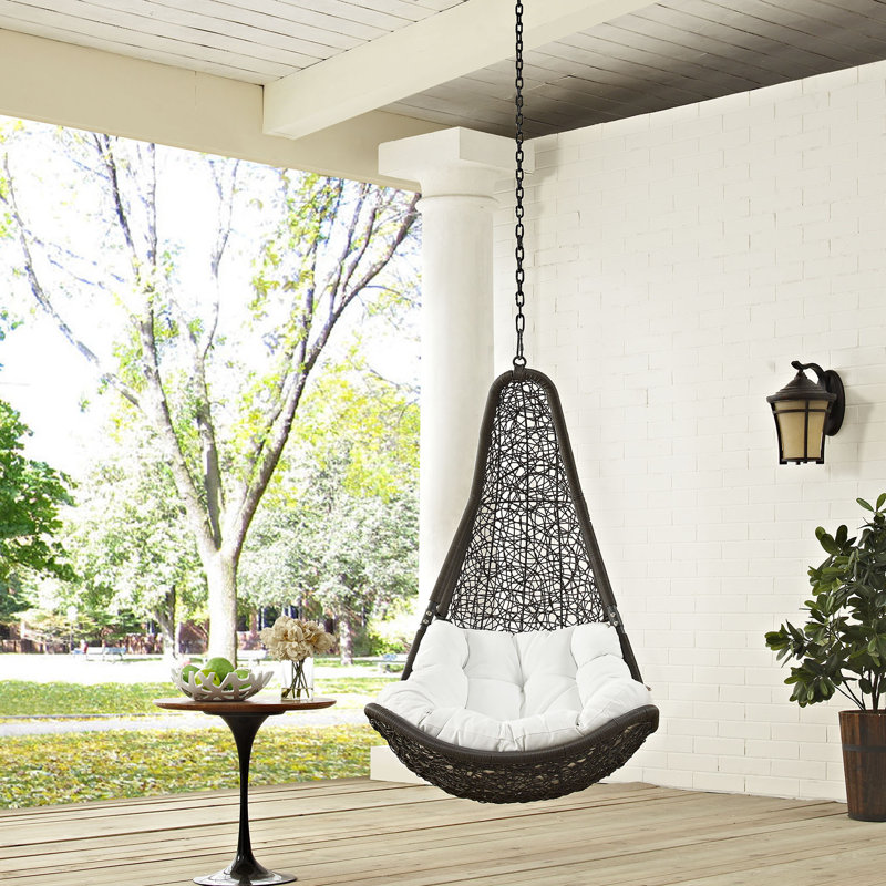 Gray and White Rattan Outdoor Patio Swing Chair with Cushion