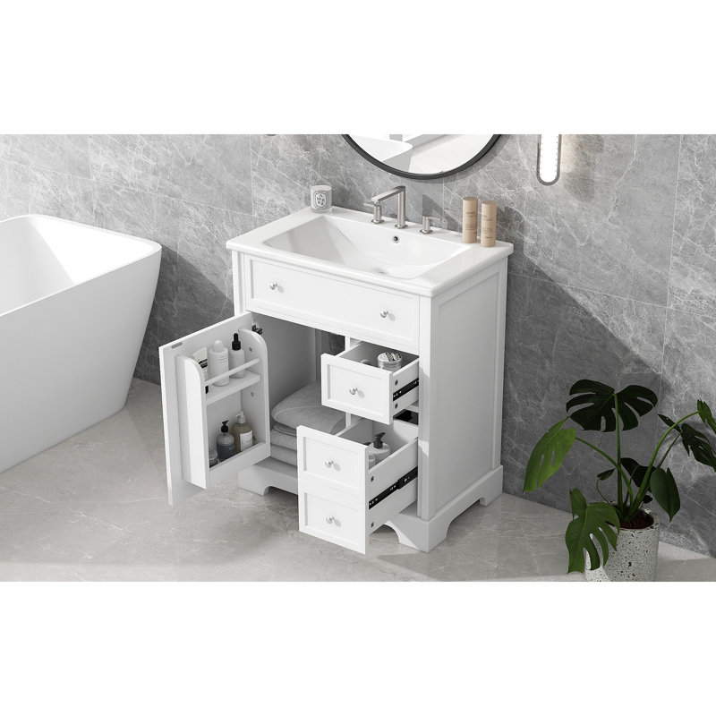 Meuble-lavabo 30 po avec comptoir d'évier, meuble-lavabo avec porte et deux tiroirs, planches en panneau de fibres à densité moyenne, bois massif