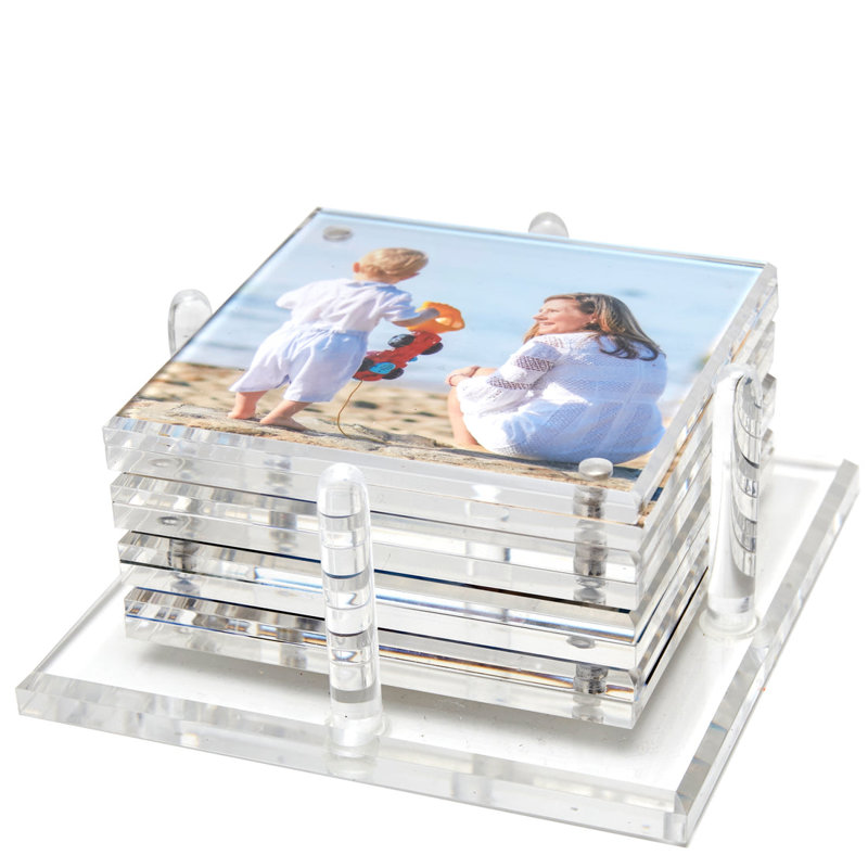Acrylic Square 4 Piece Coaster Set With Holder