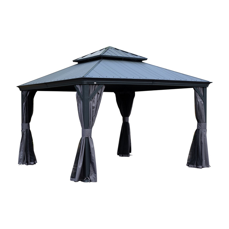 Hardtop Gazebo With Resin Roof, Outdoor Metal Gazebo With Drainage Gutters, Permanent Heavy Duty Pavilion For Patio, Backyard And Deck, Curtains And Mosquito Netting Included