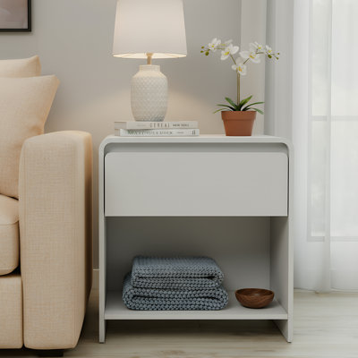 Wood Nightstand With Charging Station For Bedroom, 23.6" Wide Modern 1-Drawer Endtable With Curved Front