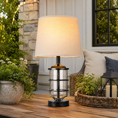 23.5-Inch Antique Copper Outdoor Table Lamp, Waterproof Plug-In Farmhouse Porch Light with Cord, Seeded Glass and Included Bulb for Patio and Garden