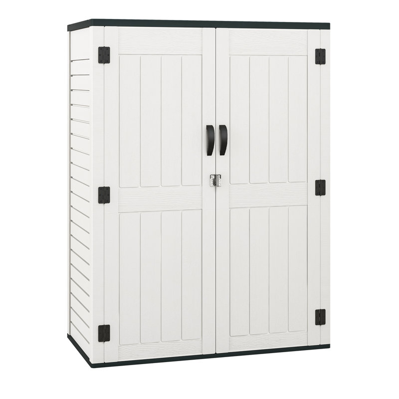 4,4 pi L 2,3 pi. D Remise de rangement verticale en résine pour l'extérieur, Blanc