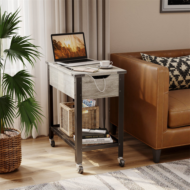 Haigh End Table with Removable Laptop Desk and Charging Stations, Gray