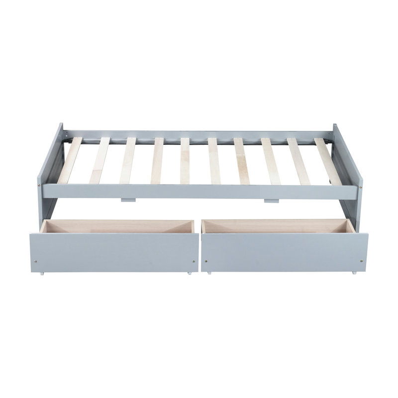 Twin Bed, 2 Drawers, Grey Solid Rubber Wood, Quiet Drawer Operation, Space - Saving Bed Design Wood Grey, Contemporary Style, Smooth Gliding Drawers
