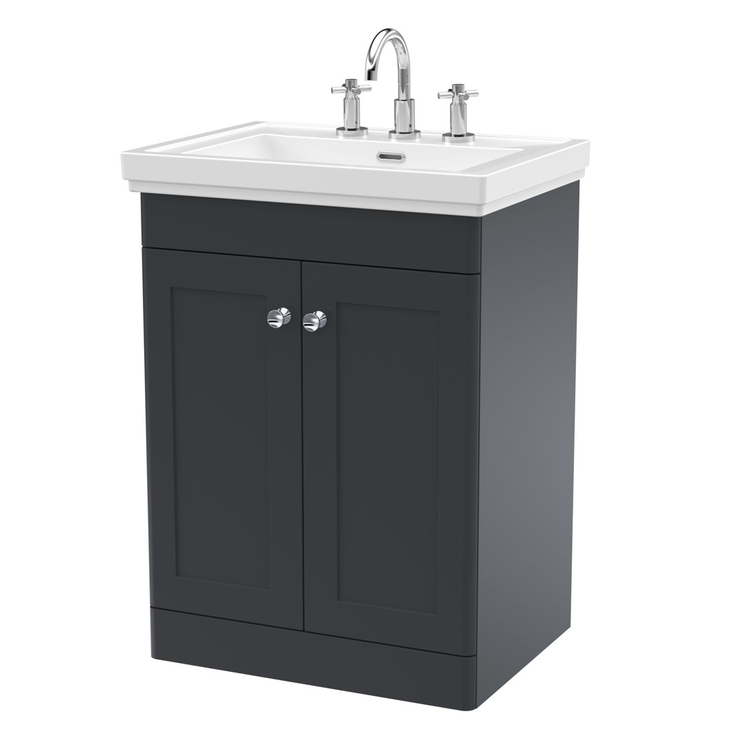 Nuie Classique 600mm Floor Standing Unit & Basin - Satin Anthracite Grey - 2 Door - 3 Tap Holes - Image 3