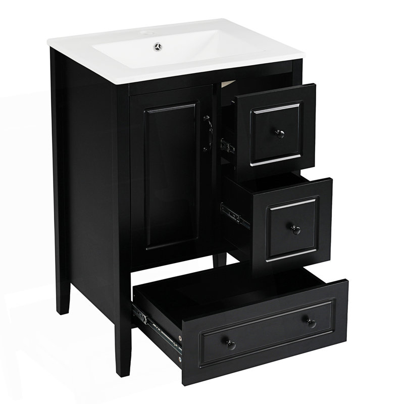 Meuble-lavabo de salle de bain avec porte à fermeture douce et 3 tiroirs à fermeture douce, Noir