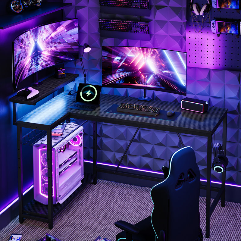 Nedyo 52'' W L-Shaped Computer Desk with Power Outlet, LED Gaming Work Desk with Shelves, Black, 36" H x 52" W x 31.5" D