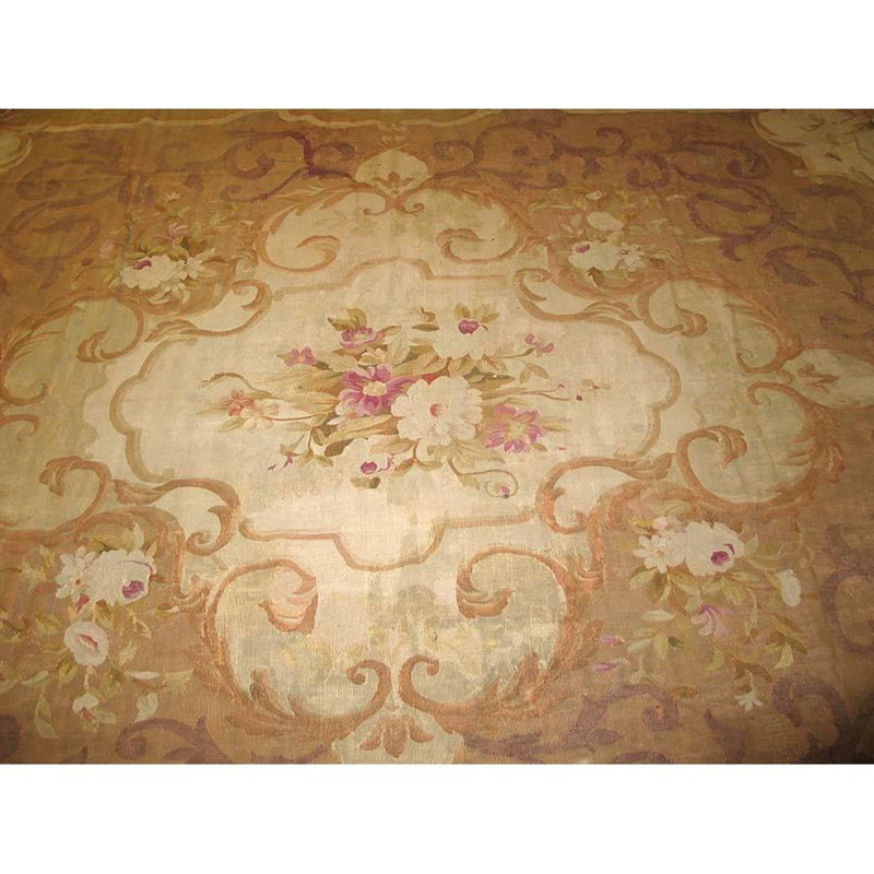 1860s Brown Traditional Floral Antique French Louis Philipe Period Aubusson Rug