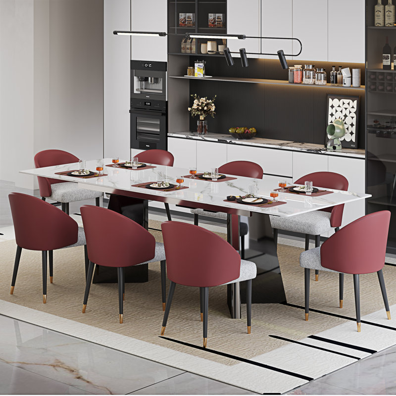 Ensemble de table de salle à manger 9 pièces en faux marbre avec plateau rectangulaire extensible en fritté de 94,5 po et 8 chaises en similicuir