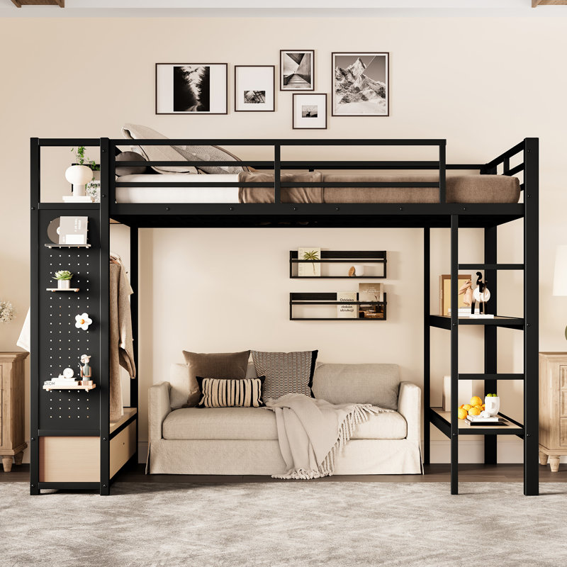 Lit mezzanine double en MDF noir et en métal avec garde-robe, peu encombrant, support robuste, Lit double