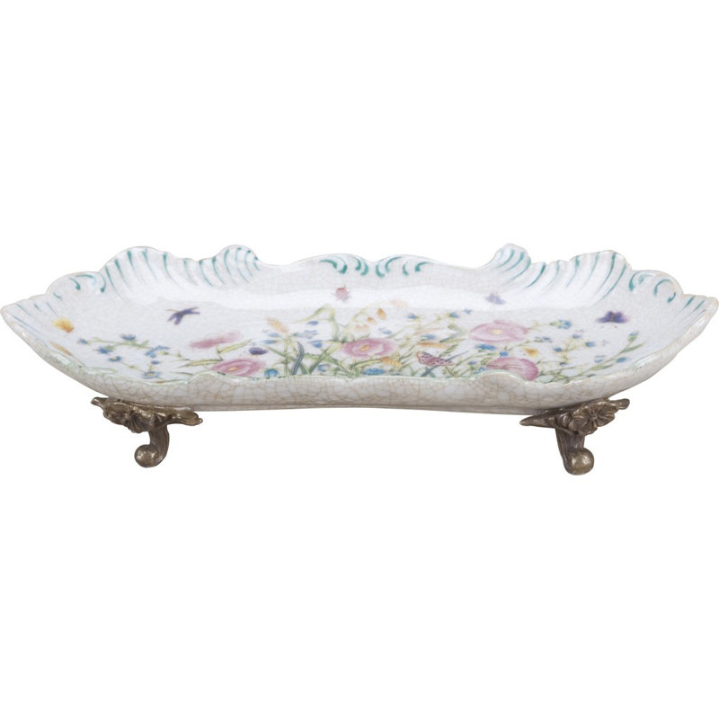 Assiette décorative en porcelaine avec pieds blanc / vert / rose / bronze (grand) Hampton Wind