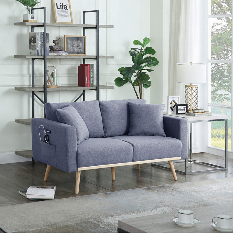 Causeuse 56,5 po en tissu de lin gris foncé avec poches de chargement USB et coussins
