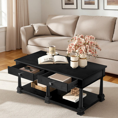 45.3''Farmhouse Wooden Coffee Table with 2 Storage Drawers, Open Lower Shelf and Traditional Turned Legs
