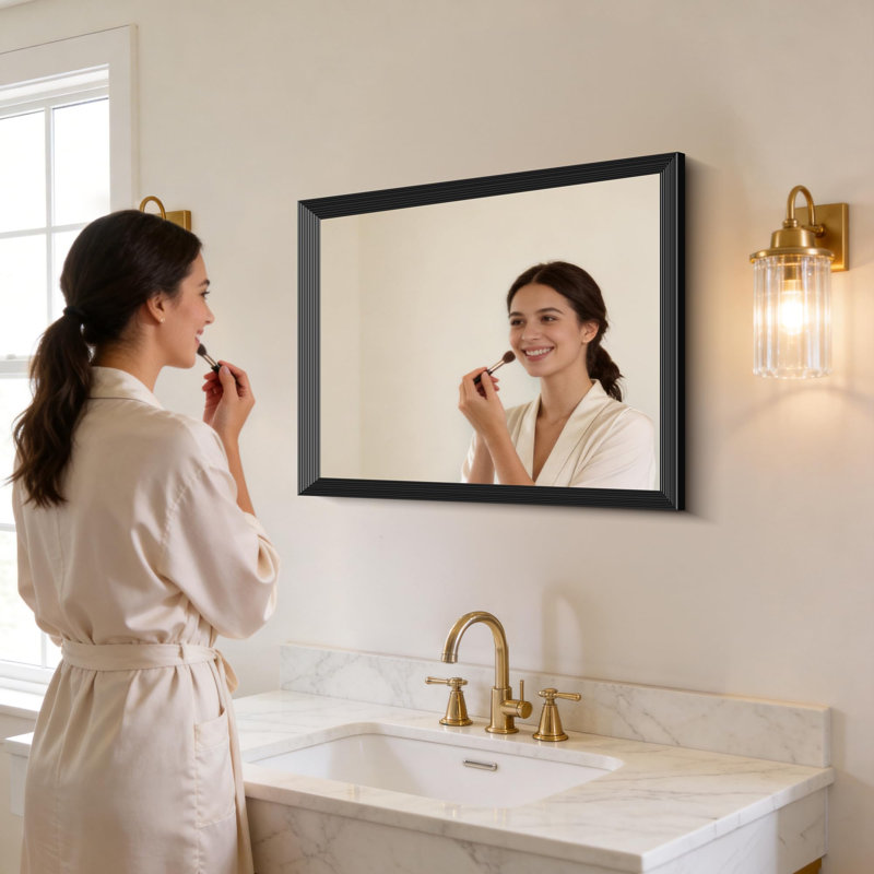 Miroir de salle de bain noir 30 po x 36 po Rectangle à bord biseauté noir avec texture nervurée, 36 po x 30 po