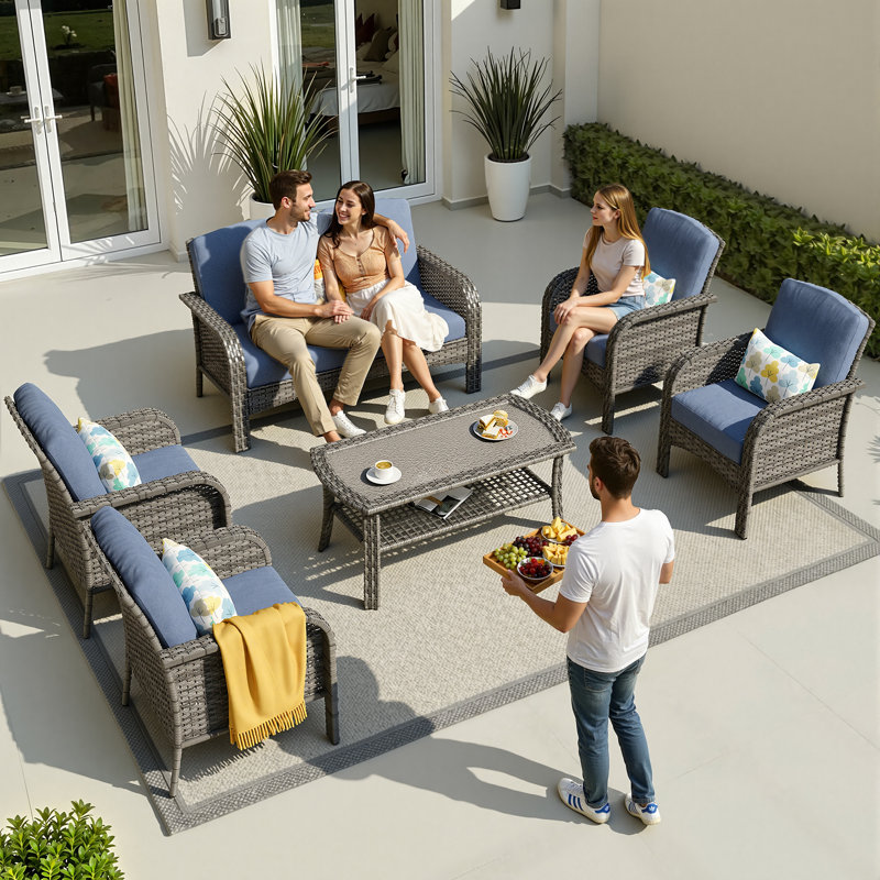6 Piece Sofa Seating Group with Cushions, Blue