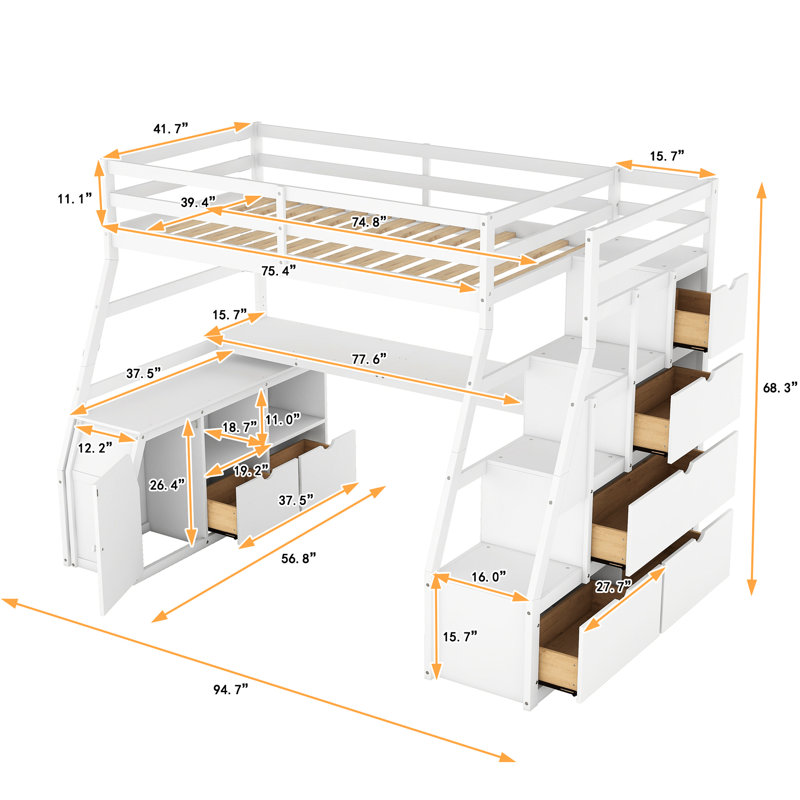 Lit mezzanine simple avec bureau, 7 tiroirs et 2 tablettes en blanc - stable 6 ans et plus