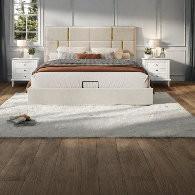 Lits rembourrés modernes avec rangement hydraulique, velours beige