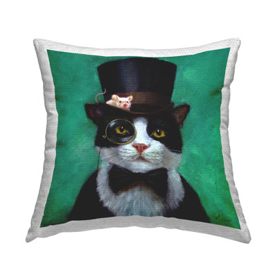 Good Sir Top Hat Cat Green Background Outdoor Printed Pillow by Lucia Heffernan
