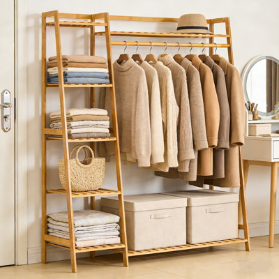 43.3" W Bamboo Clothing Garment Rack,5-tier Open Closet Wardrobe With Hanging Rod