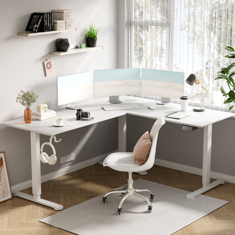 White Carbon Fiber L-Shaped Adjustable Standing Desk with USB Port