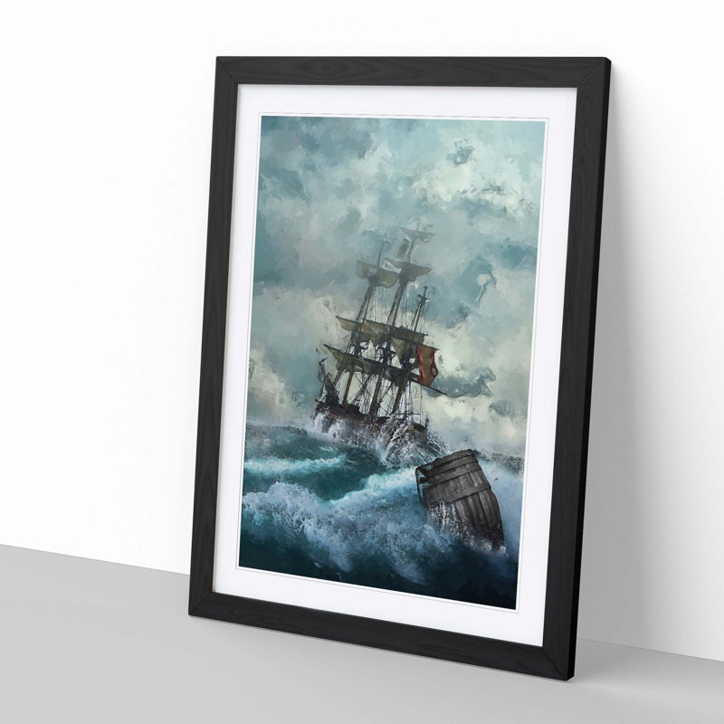 Pirate Ship upon a Stormy Sea - Picture Frame Graphic Art Print, 91cm H x 60cm W x 2cm D, Black