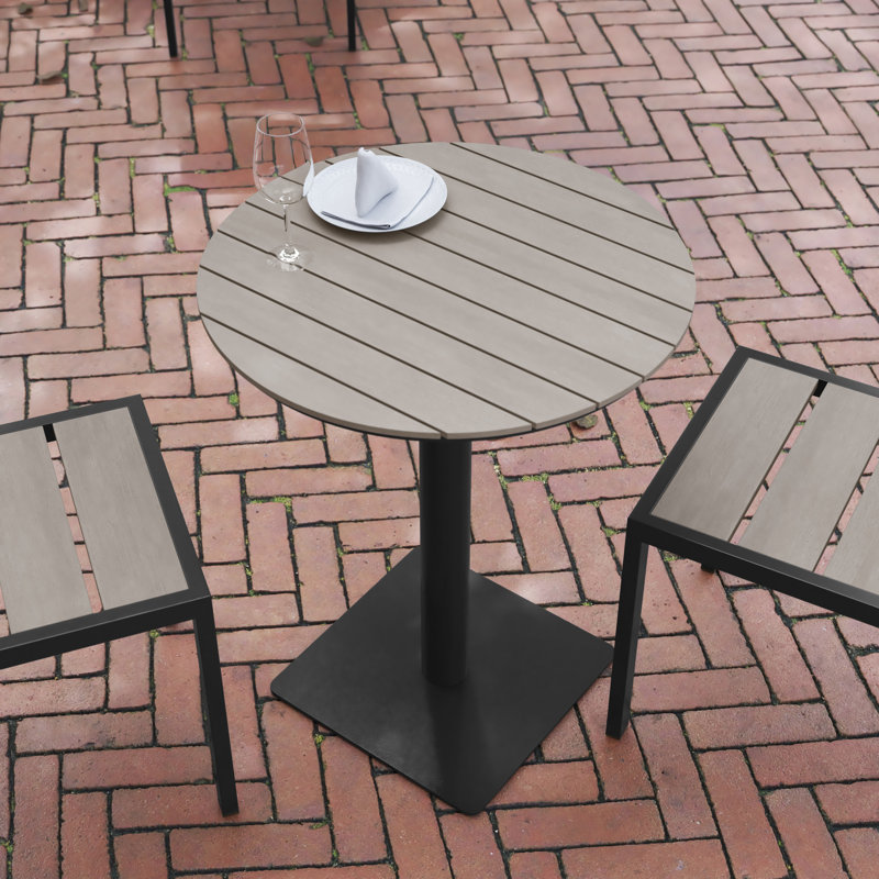 Derby Lane Commercial 24 Inch Round Faux Teak Outdoor Patio Dining Table, Gray
