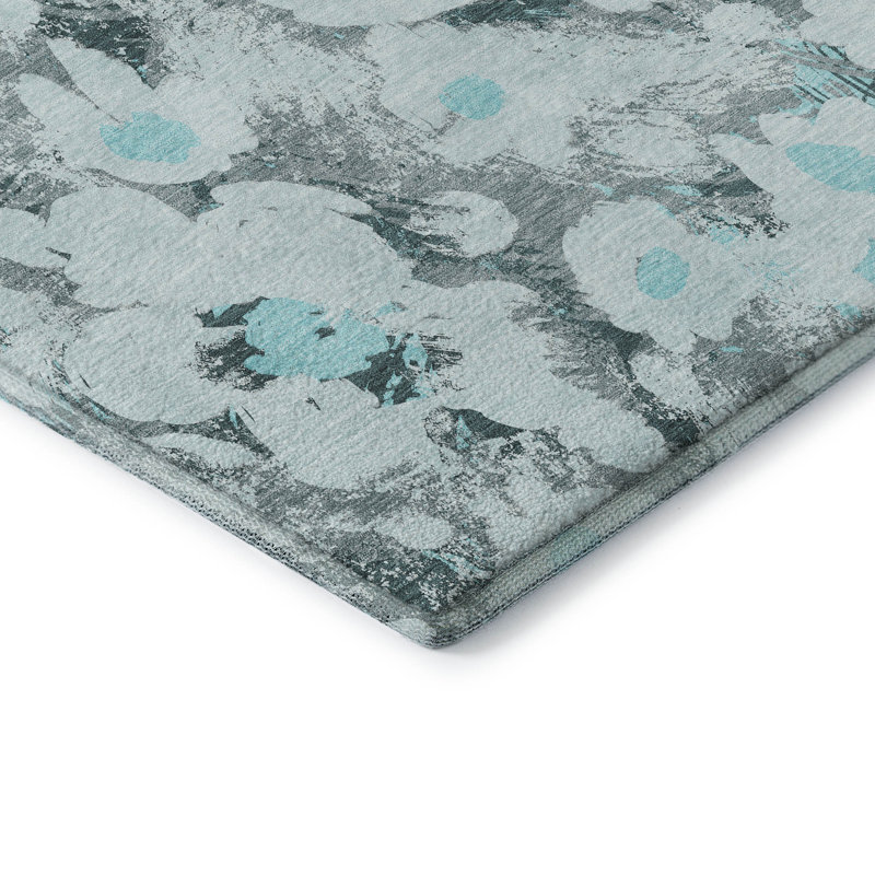 Teal Floral Synthetic 9' x 12' Washable Rectangular Rug