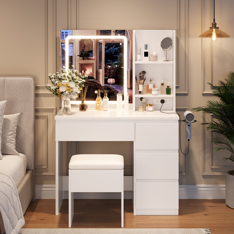 Lighted Vanity Desk with Mirror & Stool - 4-Drawer Makeup Table with Power Outlets (USB/Type-C) - Dimmable LED Dressing Table with Storage Shelves - Modern Bedroom Vanity Set, Easy Assembly