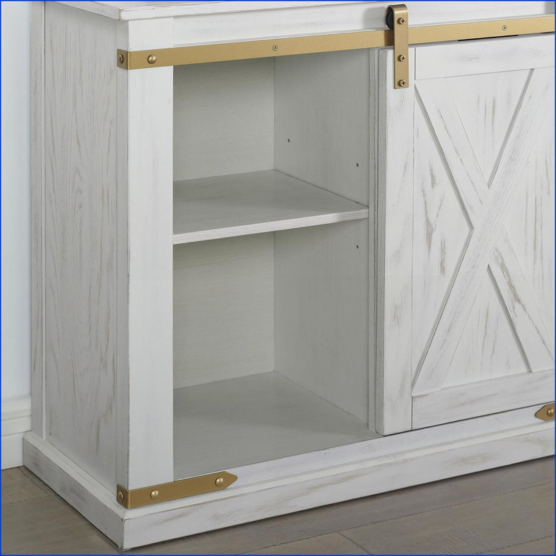 Blanc antique rustique Table basse dorée pour le salon avec tiroir à glissière centrale et amp; Tablettes ouvertes