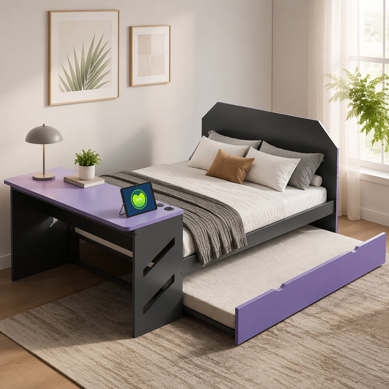 Lit de jour en bois pleine grandeur avec lit gigogne simple, bureau et USB