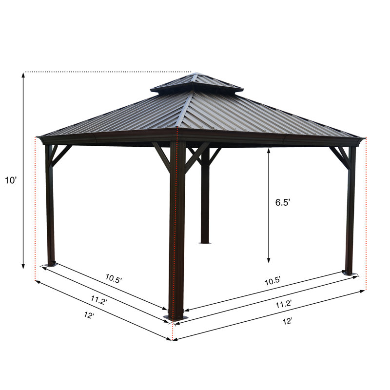 Alexander Dark Brown Double Roof Hardtop Gazebo with Curtain and Mosquito Netting, 12 ft x 12 ft