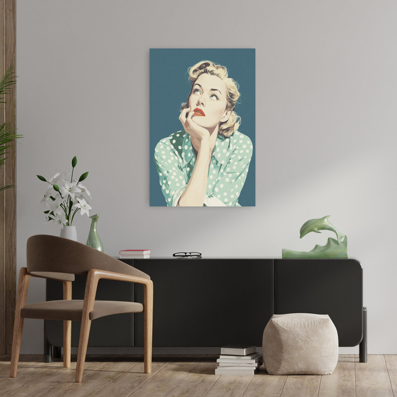Art mural rétro élégant, femme réfléchie, H 36 po x l 24 po