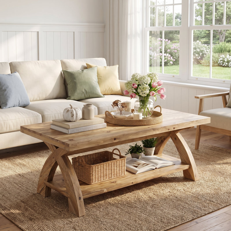 Solid Wood Coffee Table With Storage Shelf, Rustic Rectangular Center Table, Brown