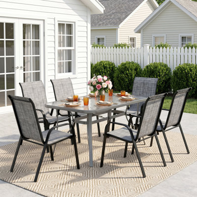 Patio Dining Set For 6, Outdoor Table And Chairs With 1.69″ Umbrella Hole,  30"X 55" Table And Stackable Chair, For Lawn, Deck (Umbrella Not Included) (Grey Table & Grey Chairs )
