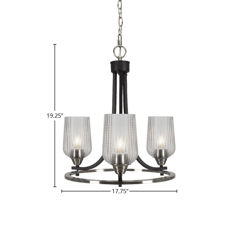 Paramount 3 Light Uplight Chandelier With 5" Clear Textured Glass, Matte Black/Brushed Nickel
