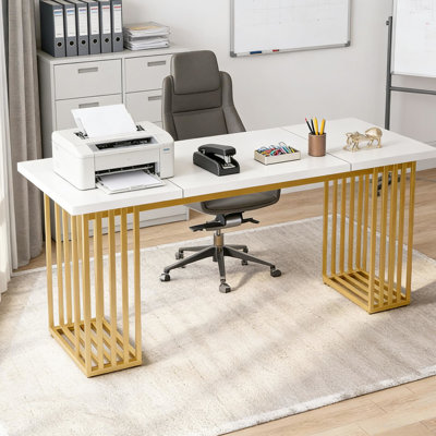 Bureau d'ordinateur moderne blanc et doré, 180 cm L x 79 cm P x 78 cm H, multifonctionnel pour le bureau et les repas, facile à assembler et fonctionnel avec un design doré, largeur 178 cm, montage facile