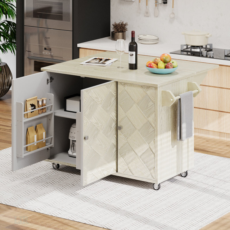 Îlot de cuisine en bois de frêne plaqué de frêne de 51,2 po de largeur (papier pas cher) avec îlot de cuisine, îlot de cuisine sur roulettes Coastal, chariot de cuisine roulant, îlot de cuisine