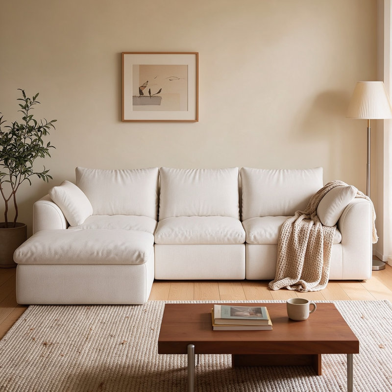 Canapé 3 places en lin blanc avec pouf, ensemble de canapé moderne rembourré