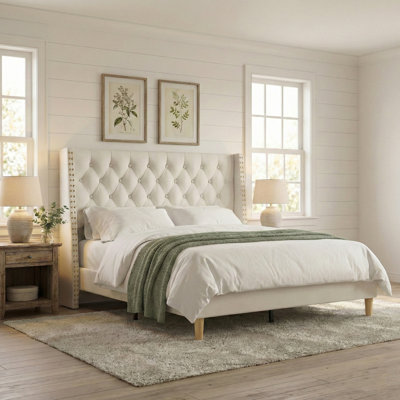 Modern Velvet Wingback Platform Bed