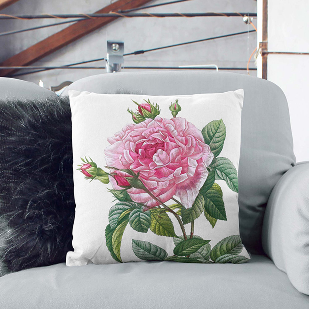 A French Rose in Pink by Pierre-Joseph Redoute Cushion with Filling