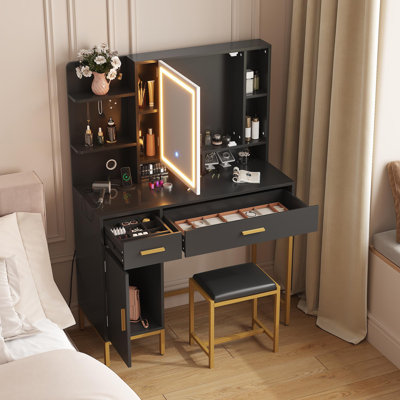 Ensemble de coiffeuse 42,5 pouces avec miroir et lumières, ensemble de coiffeuse avec tabouret et miroir