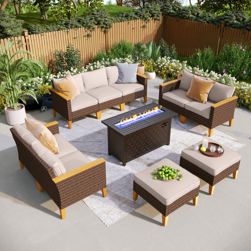 All Weather Wicker/Rattan 9 - Person Seating Group with Cushions, Yes, Beige