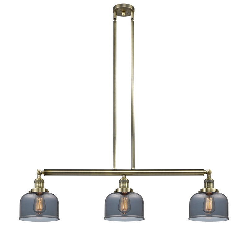 Luminaire suspendu pour îlot de cuisine 3 lumières avec abat-jour en verre Jebediah , Plaqué fumé, Laiton antique