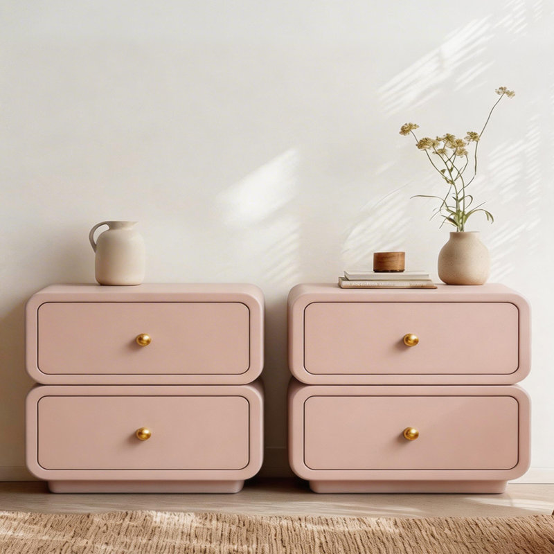 Ensemble de 2 tables de chevet roses, table de chevet rotative en bois massif avec 2 tiroirs, table de chevet rembourrée en cuir moderne pour petits espaces, chambre à coucher